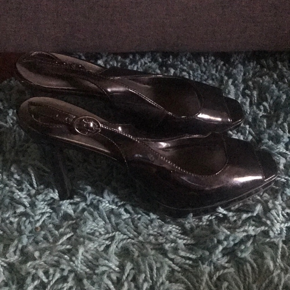 Black patent leather peep toe heels